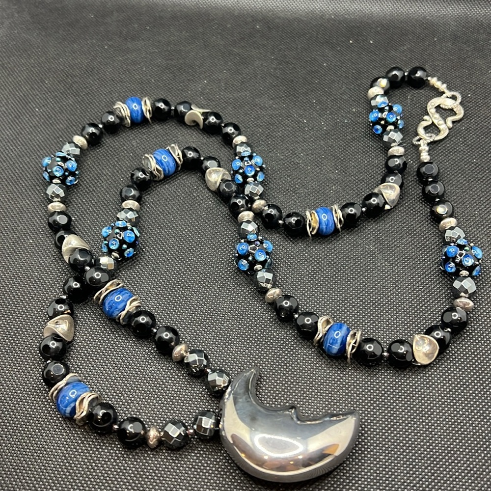Stunning 925 Sterling Silver Moon pendant on Long Handmade Gemstone Necklace - Picture 7 of 10